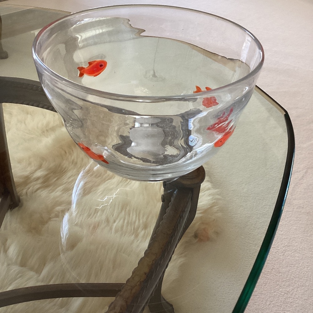Vintage Murano Handbown Glass Serving Bowl With Goldfish